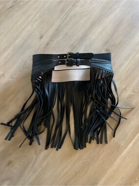 BCBGMaxAzria Black Fringe Double-Buckle Waist Belt